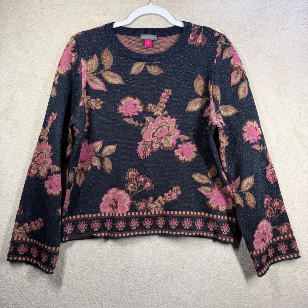 Vince Camuto Sweater Womens M Navy Pink Floral Metallic Shimmer Knit Top